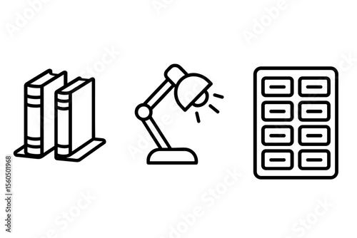 Books, desk lamp, and organizer icons in black and white vector icon isolated illustration