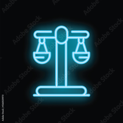 Neon blue scales of justice icon glowing on black background, representing concepts like law, justice, and legal system