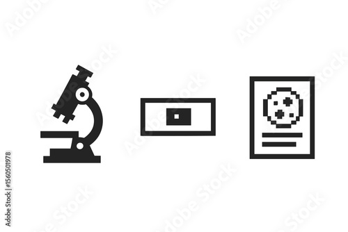 Black microscope icon with slide and document symbols on white background vector icon isolated illustration
