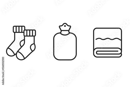Pair of socks, hot water bottle, folded blanket icons in black and white vector icon isolated illustration