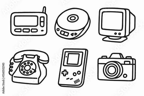 Retro technology icons: pager, discman, crt monitor, rotary phone, handheld console, camera vector icon isolated illustration
