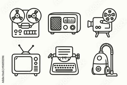 Retro electronics collection - tape recorder, radio, film camera, television, typewriter, vacuum vector icon isolated illustration