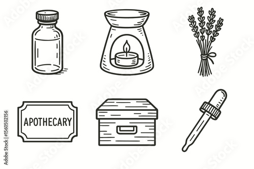 Hand-drawn apothecary elements with bottle, candle, and lavender vector icon isolated illustration