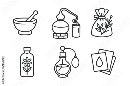 Herbal and aromatherapy icons set: mortar, distiller, herb bag, oil bottle, perfume, sachets vector icon isolated illustration