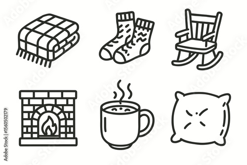 Cozy living essentials: blanket, socks, rocking chair, fireplace, mug, pillow vector icon isolated illustration