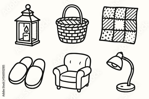 Hand-drawn home objects illustration: lantern, basket, quilt, slippers, armchair, lamp vector icon isolated illustration