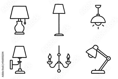 Simple line art lamps: table, floor, ceiling, wall, chandelier, desk designs vector icon isolated illustration