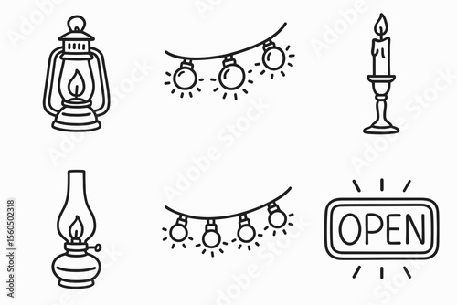 Set of hand-drawn light sources and decorations with lantern and candle vector icon isolated illustration