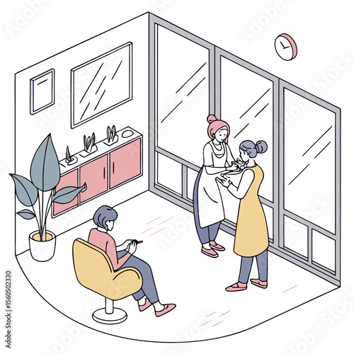 Isometric view of a room with two women interacting and one sitting in a chair reading a book inside