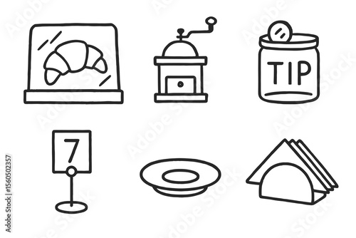Café icons - croissant, coffee grinder, tip jar, table number, plate, napkin holder vector icon isolated illustration