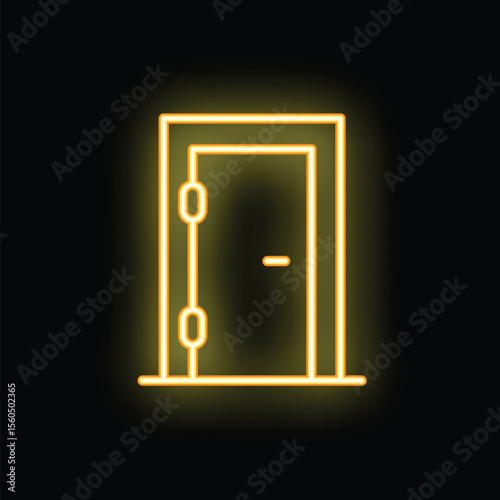 Bright yellow neon sign depicting a closed door with a handle, glowing on a black background