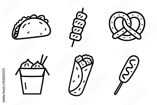 Black and white snack illustrations: taco, skewers, pretzel, noodles, wrap, corndog vector icon isolated illustration