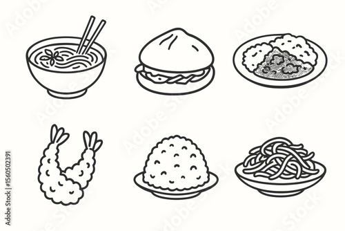 Illustrated asian cuisine icons: noodles, dumplings, curry, tempura, rice, spaghetti vector icon isolated illustration
