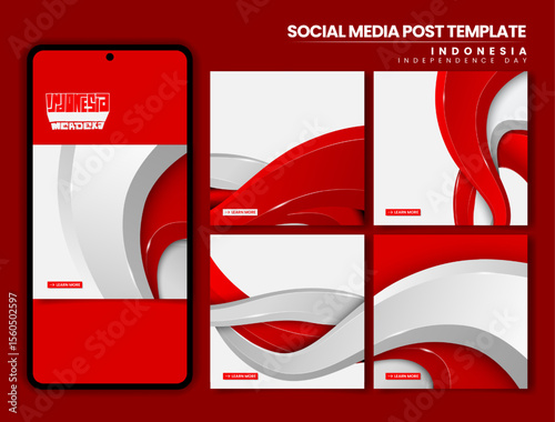 Set of carousel background with waving 3d shape in red white design for indonesia independence day
