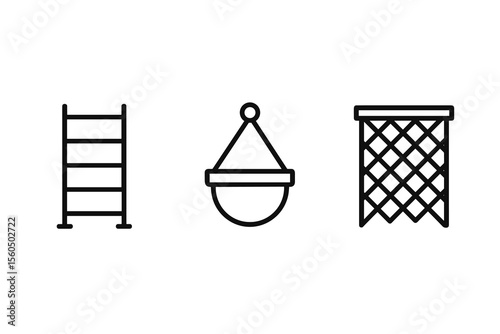 Ladder, punching bag, and basketball hoop icons - minimalist line drawing vector icon isolated illustration
