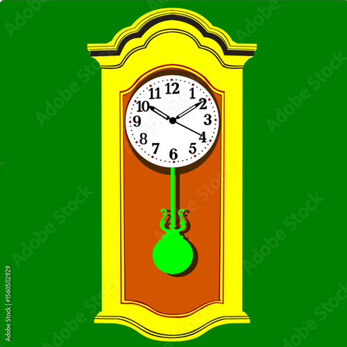This is a vector illustration of an antique wall clock with a pendulum in a classic style and color."