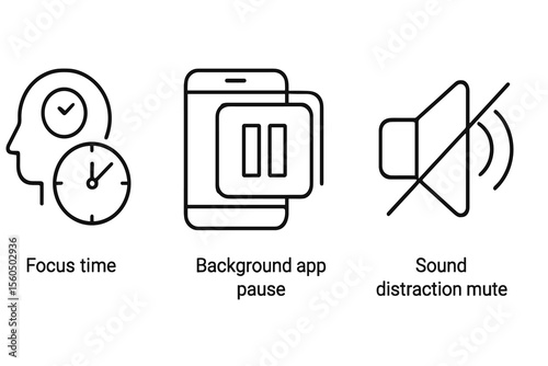 Focus time icon set: clock, app pause, sound mute symbols for productivity vector icon isolated illustration