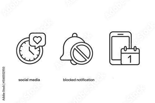 Time management icons with social media, blocked notifications, calendar vector icon isolated illustration