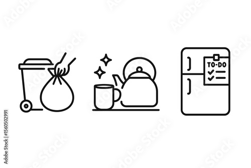 Household chores icons: trash disposal, tea making, planning vector icon isolated illustration