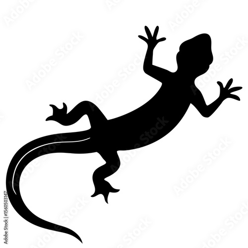 Black silhouette of a gecko lizard climbing on a white background
