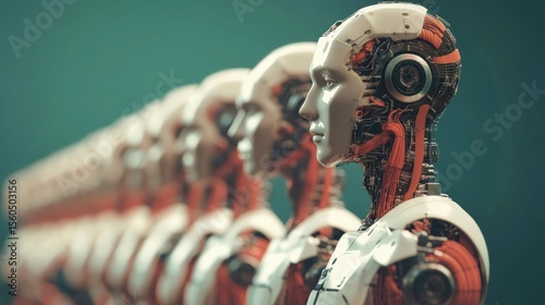 Row of humanoid robots, detailed internal mechanisms visible, futuristic concept.