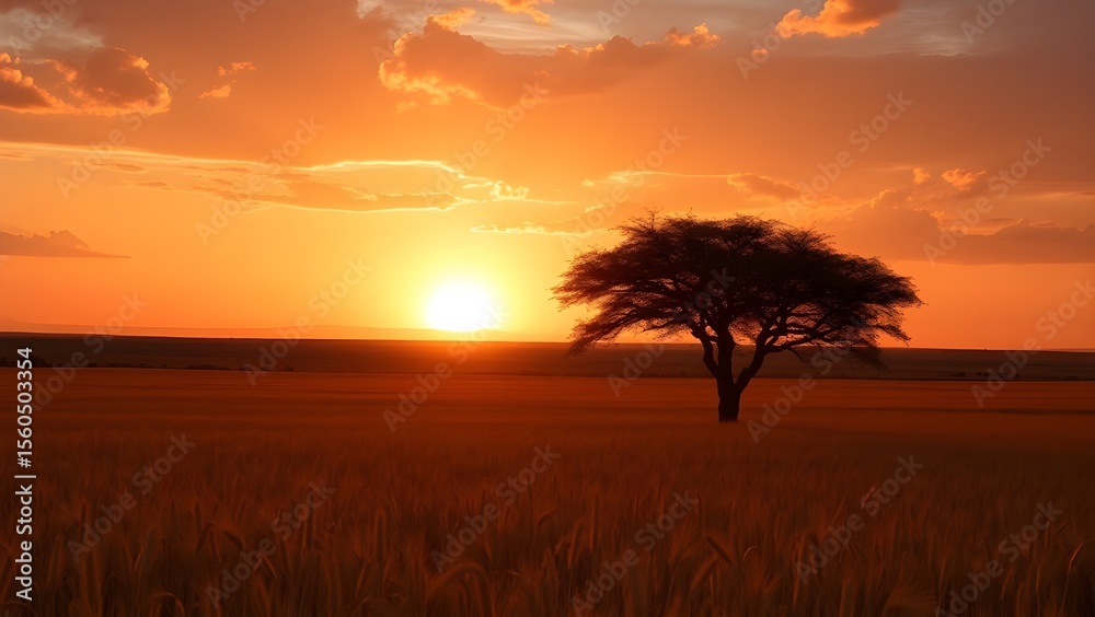 Obraz premium Iconic Acacia Tree Silhouette in African Savannah at Dramatic Sunset