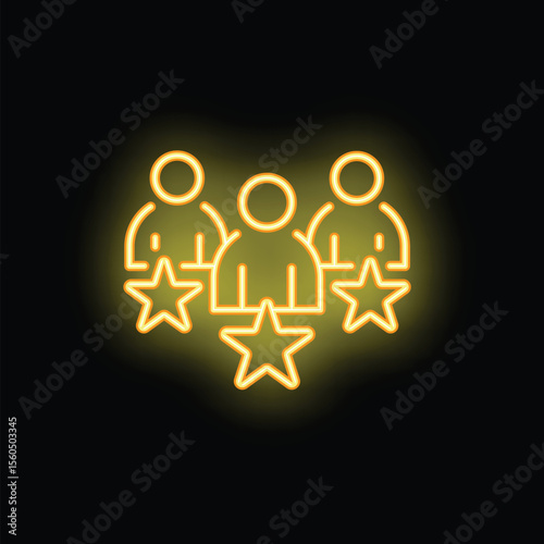 Yellow neon icon representing the concept of customer review with three people standing with stars