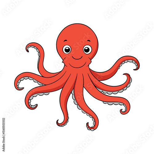 Cute cartoon red octopus with a friendly smile and eight tentacles spread out
