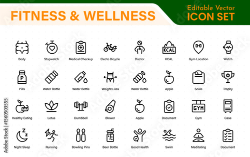 Set of fitness and wellness related line icons, wellbeing, mental health, healthcare, cosmetics, spa, medical. Outline icon collection.