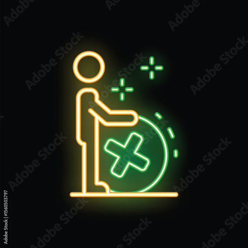 Neon icon of a businessman holding a big cross sign in a circle, concept of wrong choice or failure