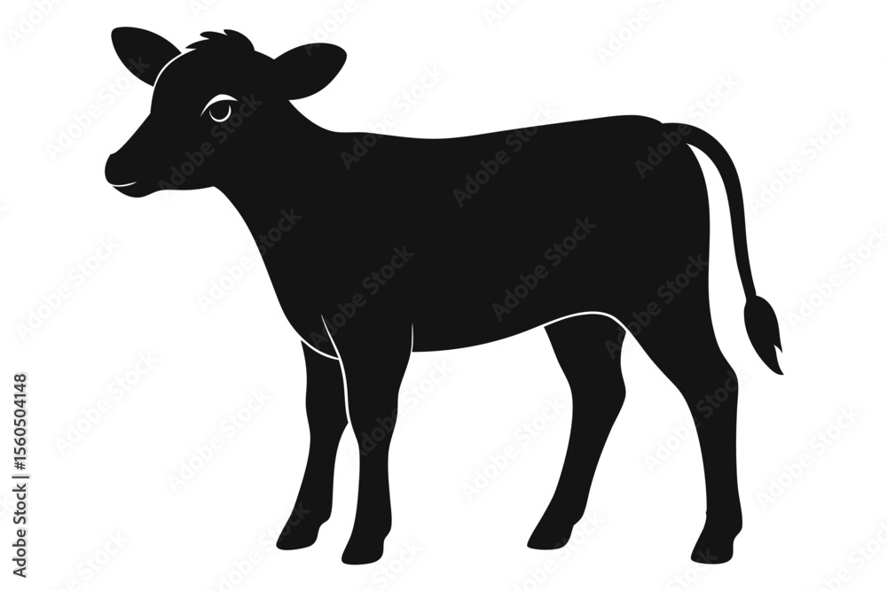 Fototapeta premium Black silhouette of a young calf standing on a white background
