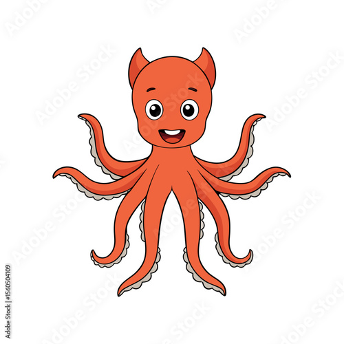 Cute cartoon orange octopus with devil horns and a happy expression