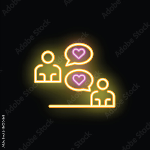 Glowing neon illustration featuring two individuals sharing messages of love and support, symbolized by hearts within speech bubbles