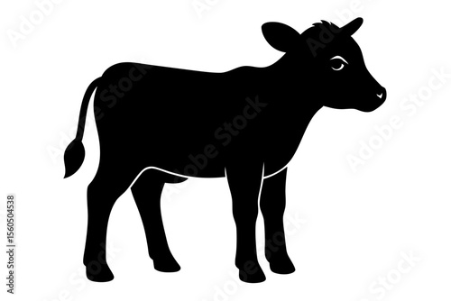 Black silhouette of a young cow standing on a white background