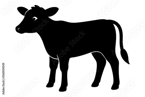 Simple black silhouette of a young cow standing on a white background