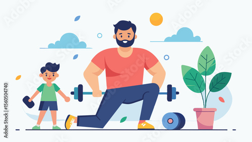 A strained family dynamic as the man prioritizes his workouts over spending time with loved ones.. Vector illustration