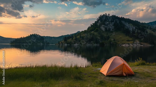 Tent by the lake in a beautiful landscape, evening time. Camping scene with tent on beautiful mountains and lake. Golden sunrise illuminating tent camping dramatic mountain landscape.