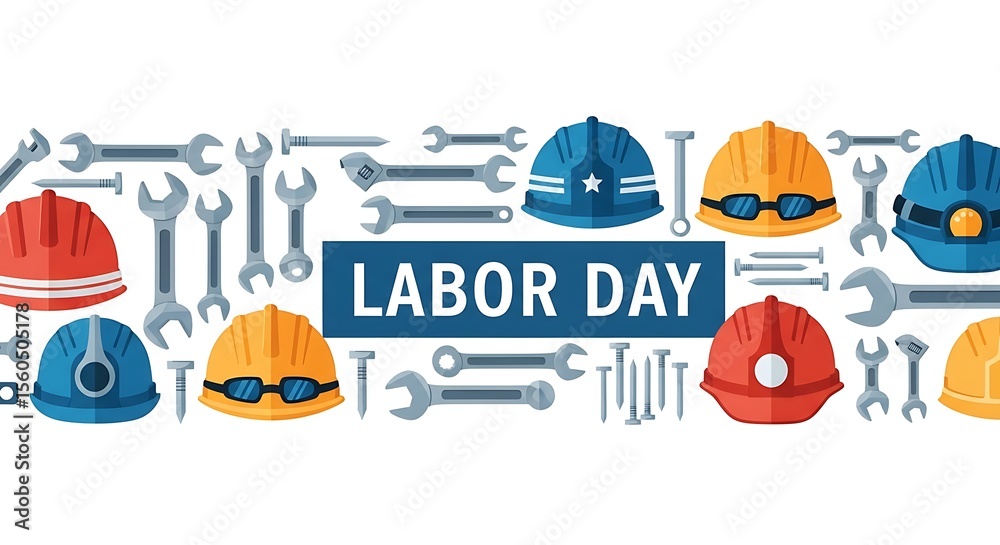 Fototapeta premium Flat design banner celebrating Labor Day with various hard hats and tools.
