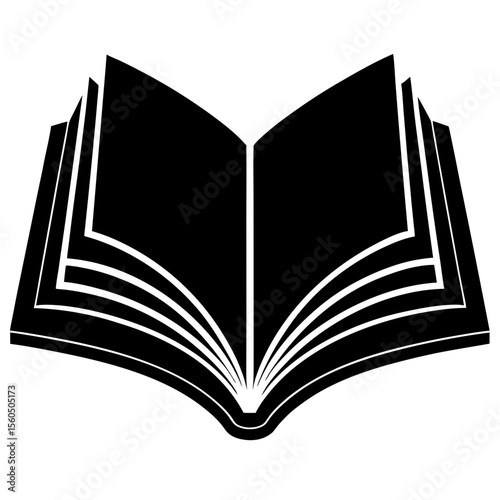Open black book with white pages and spine on a white background