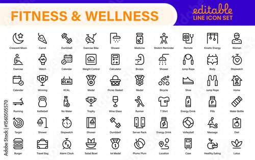 Set of fitness and wellness related line icons, wellbeing, mental health, healthcare, cosmetics, spa, medical. Outline icon collection.