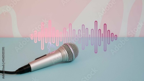 Silver Microphone with Colorful Sound Waves on Pastel Background