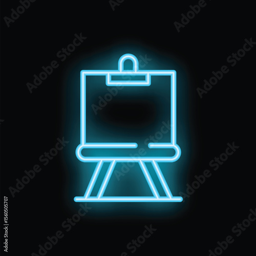 Blue neon sign depicting an easel for painting, glowing on a black background