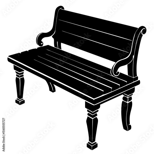 Classic black and white silhouette of an ornate park bench with curved arms