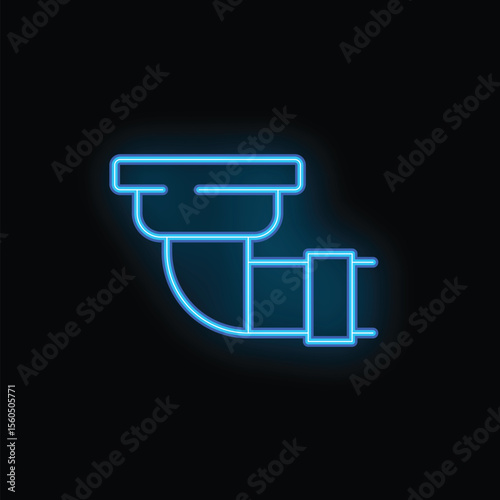 Glowing blue neon sign icon of a pipe system with a flange, illuminating the dark background
