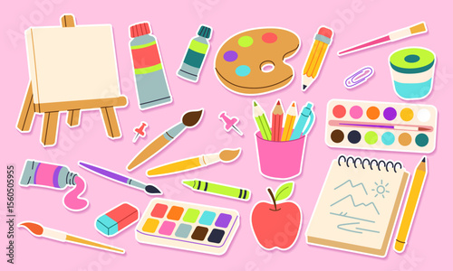 A collection of art supplies including paint, pencils, and a sketchbook. Concept of creativity and inspiration