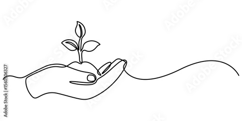 Continuous one line drawing of Hands holding growing seedlings. Single line drawing illustration of Hands holding leaf. Go green energy concept vector art. Doodle line illustration. 
