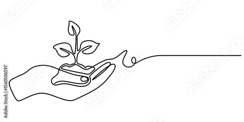Continuous one line drawing of Hands holding growing seedlings. Single line drawing illustration of Hands holding leaf. Go green energy concept vector art. Doodle line illustration. 