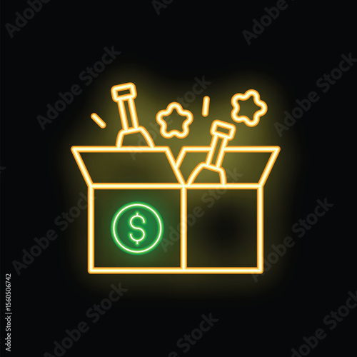 Neon icon of a tip box with champagne bottles popping out of it and a dollar sign on the side, representing tips and gratuities