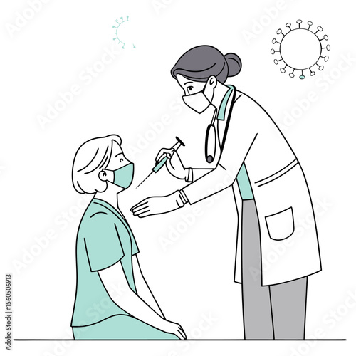 Doctor administering vaccine to patient with virus cells in the background in a medical setting scene