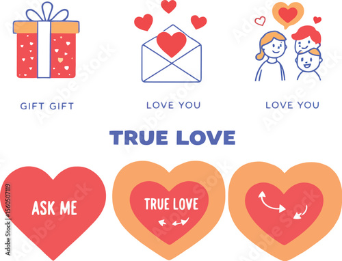 Love-Themed Illustrated Grid Featuring Gift Box, Heart Envelopes, Family, and Romantic Messages in Bright Minimalist Style